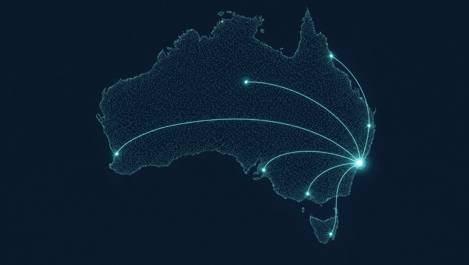 A map of Australia drawn in glowing teal dots with a brighter node at Sydney