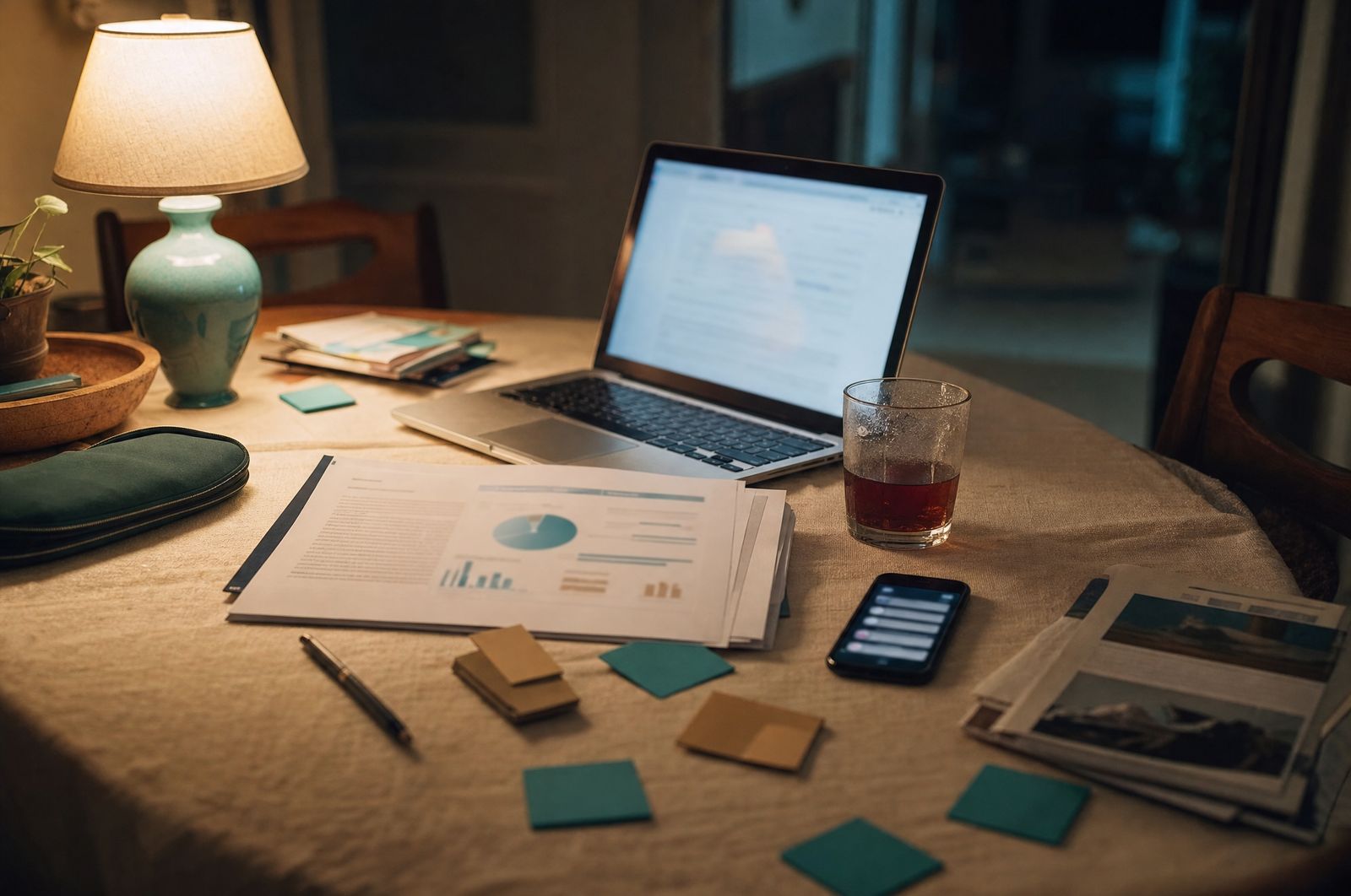 A kitchen table late at night: laptop, printed therapy report, sticky notes and a cold cup of tea