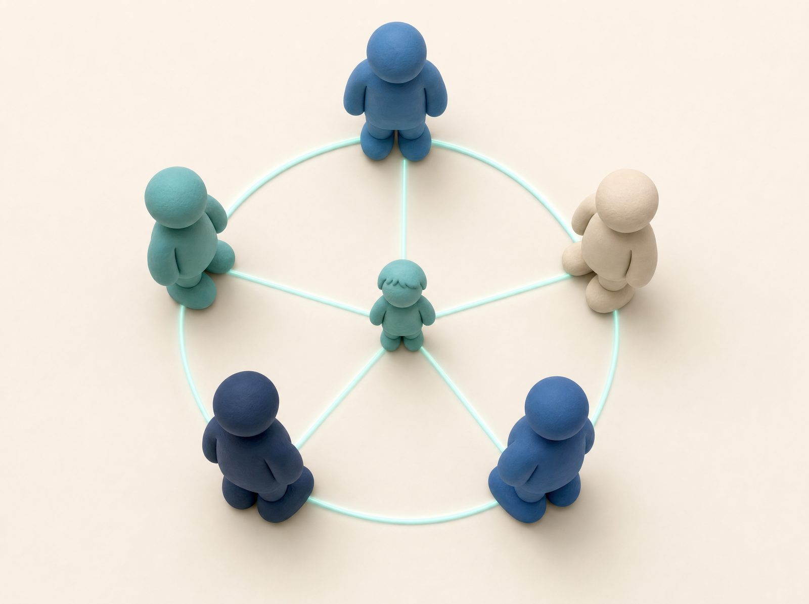 A clay-style illustration of five adults standing in a circle around a child, joined by glowing lines
